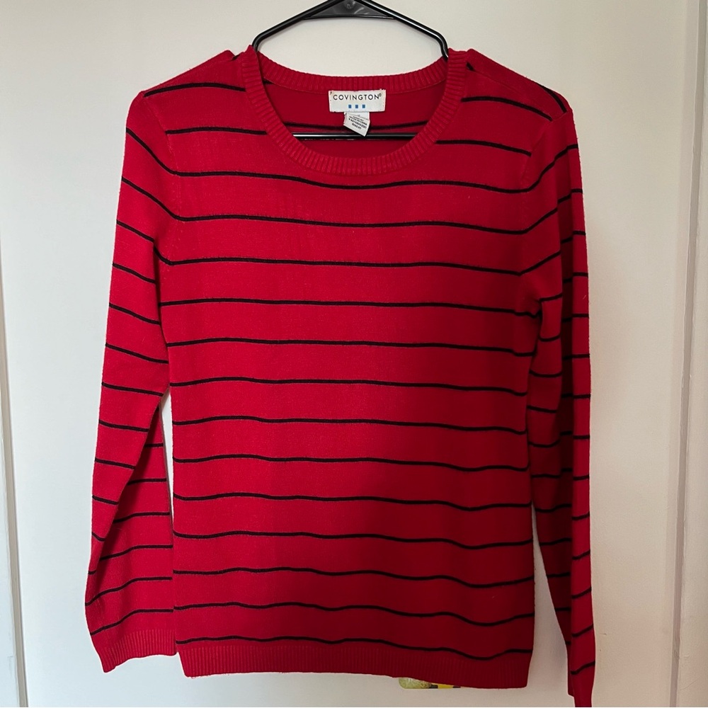 Covington sweater, womens small, striped red and black, crewneck